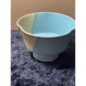 Vintage Handcrafted Ceramic Bowl With Pedestal Base Blue & Cream